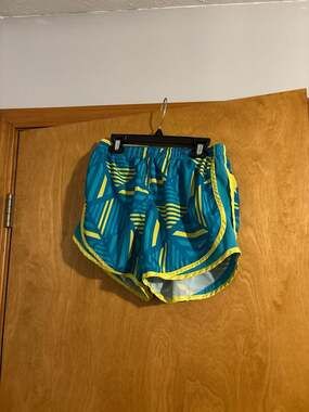 Nike Women's Tempo Dri-Fit Blue and Yellow Geometric Print Running Shorts